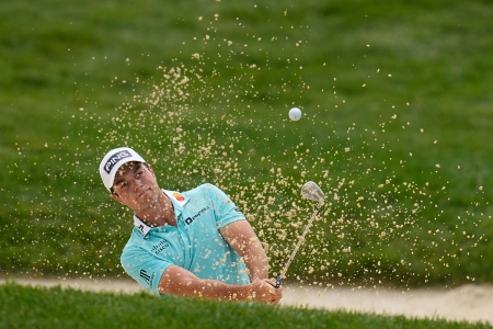 Viktor Hovland i aksjon på torsdagens runde i Memorial Tournament. 